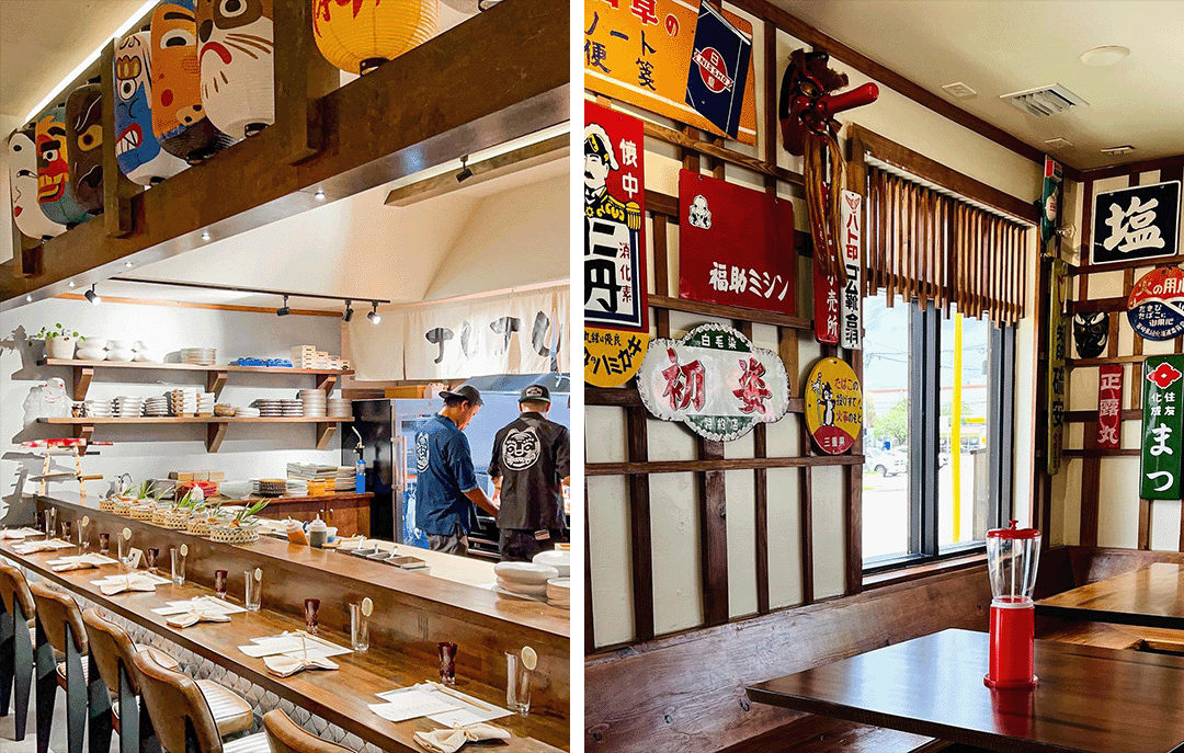 kappo bar and izakaya tables with japanese signs and decor